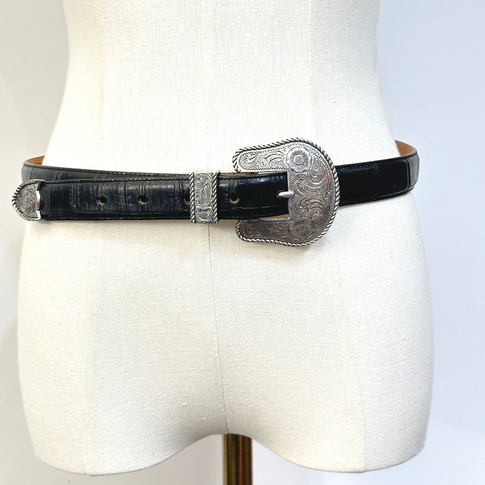 Vintage Late 1980–1990s Leegin Silver Creek Black Leather Western Belt Sz 32 USA